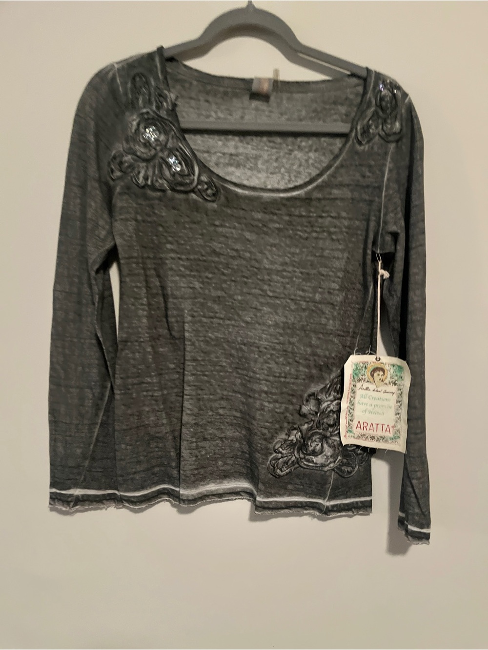 Aratta Charcoal Gray Long-Sleeve Scoop Neck Top with Floral Embellishments